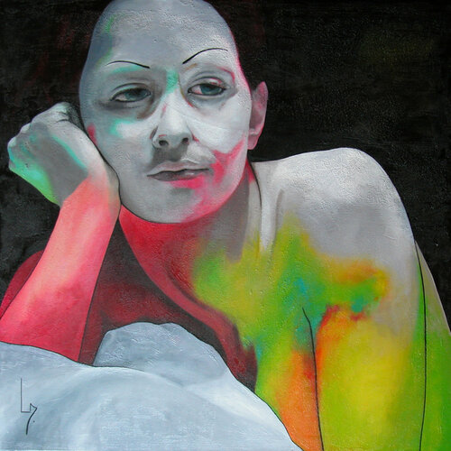 Nu-femme songeuse en jaune rouge van Michèle Loussouarn, Schilderij te koop op Singulart