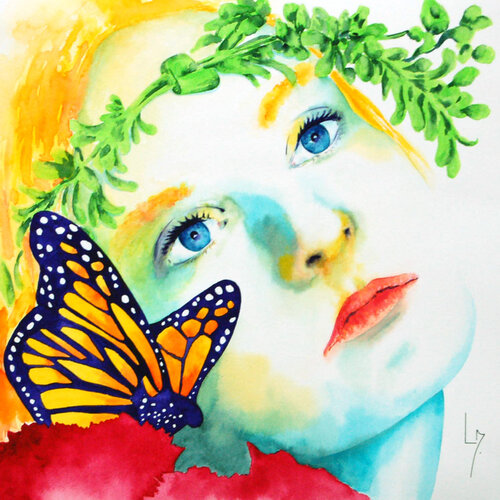 Portrait de femme au papillon par Michèle Loussouarn, Œuvre sur papier en vente sur Singulart
