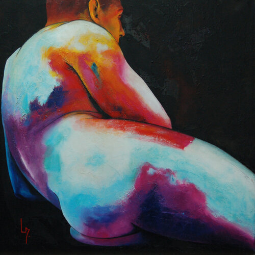 Nu-Homme C sur un coude de dos Turquoise Rouge Noir di Michèle Loussouarn, Pittura in vendita su Singulart