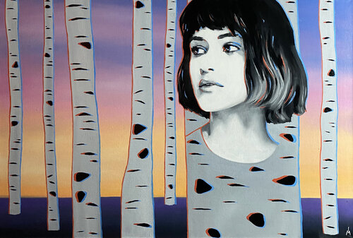 Sunset in the birch forest van Margarita Ivanova, Schilderij te koop op Singulart