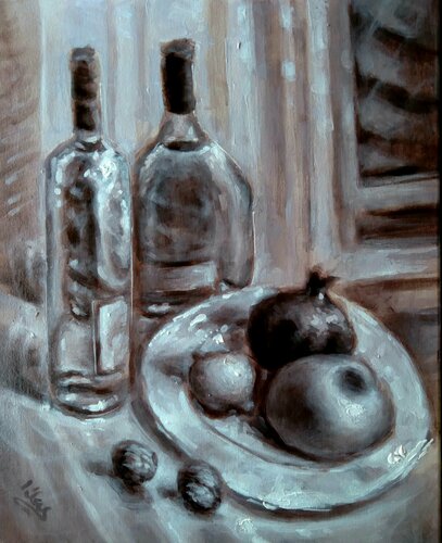 Still Life by the Window.  Monochrome Painting van Alex Klas, Schilderij te koop op Singulart