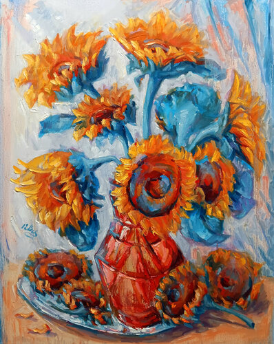 A Dozen Sunflowers in an Orange Vase van Alex Klas, Schilderij te koop op Singulart