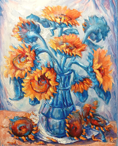 A Dozen Sunflowers in an Blue Vase de Alex Klas, Pintura a la venta en Singulart