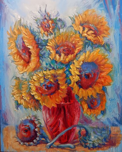 Sunflowers in a Red Vase van Alex Klas, Schilderij te koop op Singulart