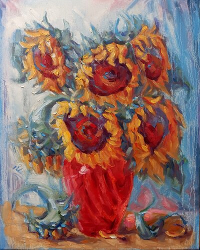 Sunflowers in Red Vase van Alex Klas, Schilderij te koop op Singulart