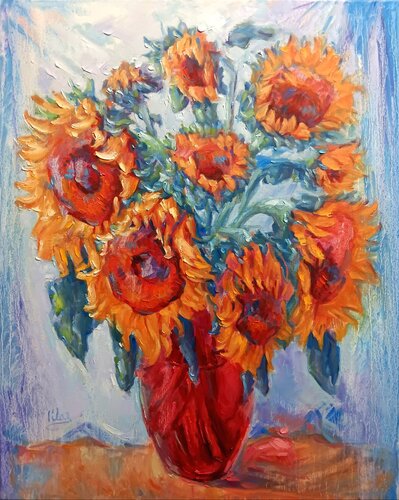 Sunflowers in a Red Vase van Alex Klas, Schilderij te koop op Singulart