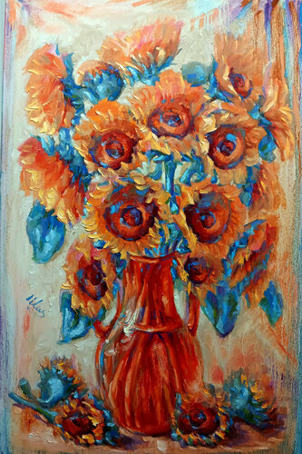 Bouquet of Sunflowers in an Orange Vase van Alex Klas, Schilderij te koop op Singulart