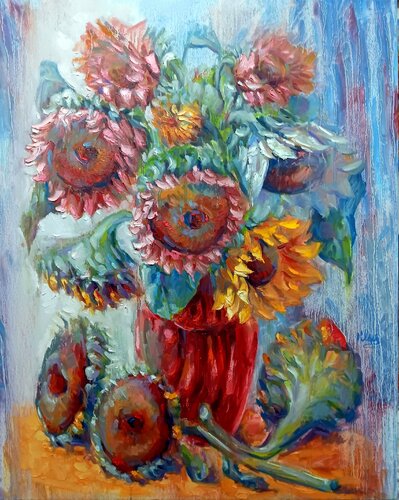 Various Sunflowers in a Red Vase ll van Alex Klas, Schilderij te koop op Singulart