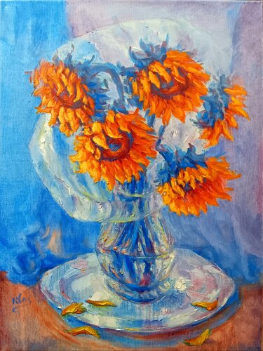 Sunflowers in a Glass Vase van Alex Klas, Schilderij te koop op Singulart