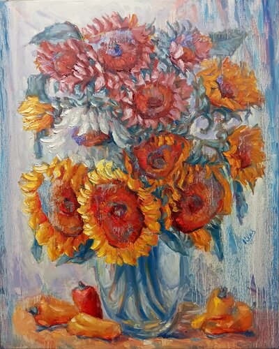 Various Sunflowers with Sweet Peppers van Alex Klas, Schilderij te koop op Singulart