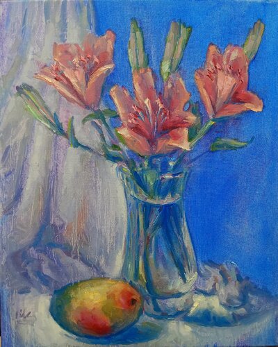 Pink Lilies with Mango van Alex Klas, Schilderij te koop op Singulart