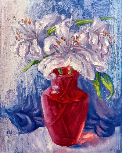 Lilies in a Red Vase van Alex Klas, Schilderij te koop op Singulart
