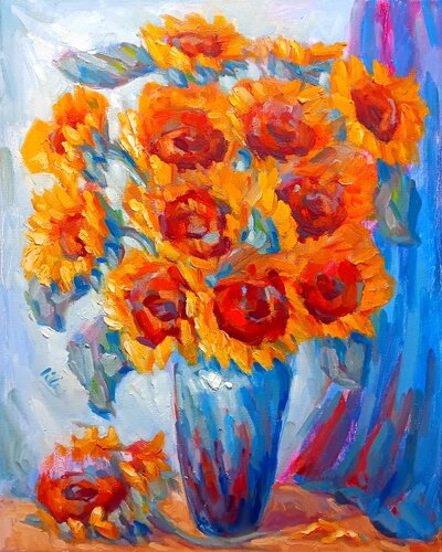 Sunflowers in a Blue Vase van Alex Klas, Schilderij te koop op Singulart