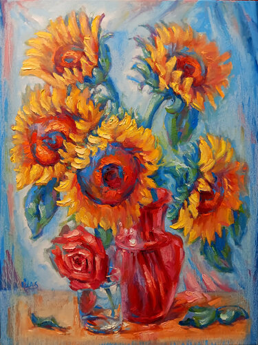 Sunflowers with Rose van Alex Klas, Schilderij te koop op Singulart