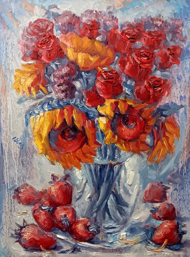 Bouquet of Flowers with Strawberries van Alex Klas, Schilderij te koop op Singulart