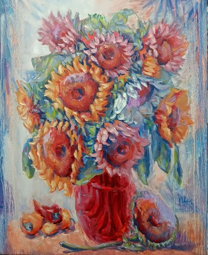 Various Sunflowers in a Red Vase van Alex Klas, Schilderij te koop op Singulart