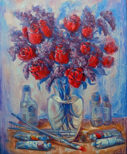 Bouquet of Flowers in an Artist Studio van Alex Klas, Schilderij te koop op Singulart