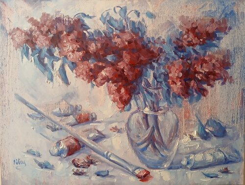 A Bouquet of Lilacs in the Artist's Studio van Alex Klas, Schilderij te koop op Singulart
