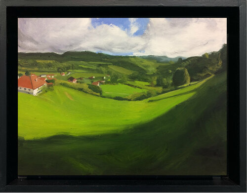 Paisaje, cuadros de paisajes. Montañas verdes. Un valle. Paisajes di Antonio Mateos Prieto, Pittura in vendita su Singulart