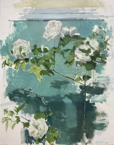 Rosebush. Yard. White roses. Flowers van Antonio Mateos Prieto, Schilderij te koop op Singulart