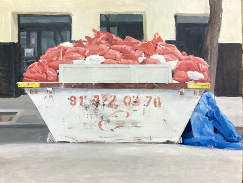 Contenedor con sacos rojos di Antonio Mateos Prieto, Pittura in vendita su Singulart