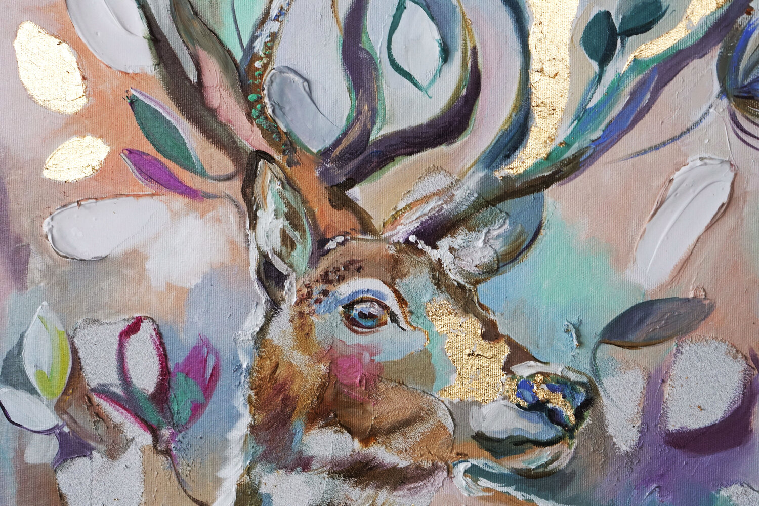 Forest Deer in Bloom. Set of 2 abstract oil paintings (diptych) with a