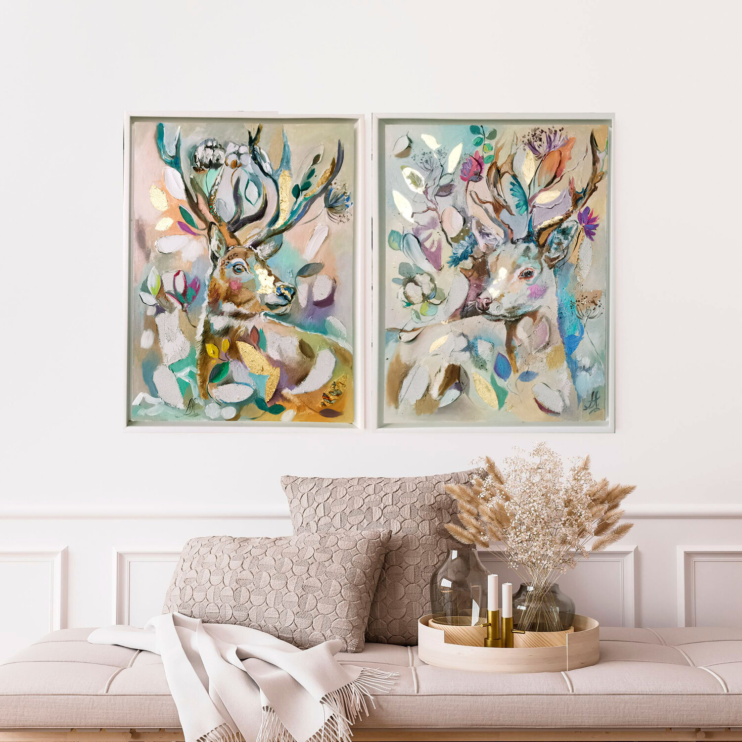Forest Deer in Bloom. Set of 2 abstract oil paintings (diptych) with a