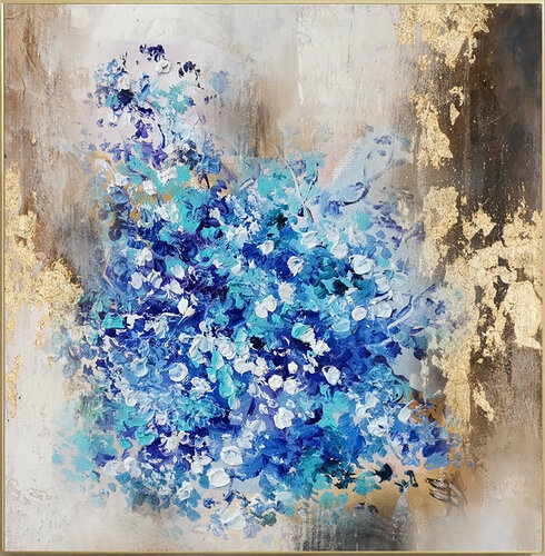 Golden indigo. Blue flowers large abstract painting with gold leaf. Mixed medium picture (oil + acrylic + gilding). van Annet Loginova, Schilderij te koop op Singulart