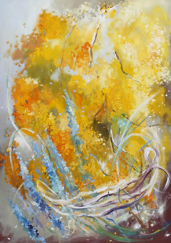 Mimosa spring. Yellow Blue flowers oil colourful abstract painting. Floral art. di Annet Loginova, Pittura in vendita su Singulart