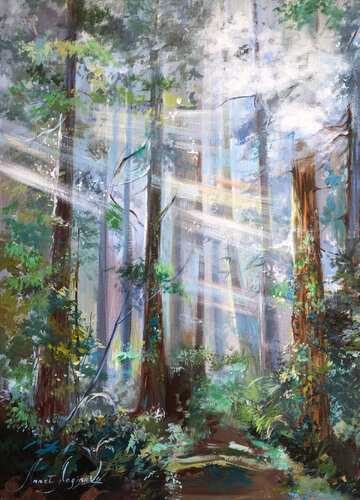 Emerald forest. Fairy forest. Mixed medium (oil + acrylic) on canvas. di Annet Loginova, Pittura in vendita su Singulart