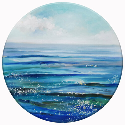 Glow of the sea. Round sea art.  Morning seascape with waves on round canvas. Original sea oil painting. di Annet Loginova, Pittura in vendita su Singulart