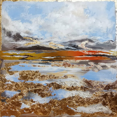 Golden bay. Abstract mountains landscape painting. Sparkling gold leaf artwork with a rich textured surface. Abstract art. di Annet Loginova, Pittura in vendita su Singulart