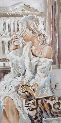 Bohemian morning. White soft creamy woman oil painting.  Graceful lady with a cat. City window view. van Annet Loginova, Schilderij te koop op Singulart