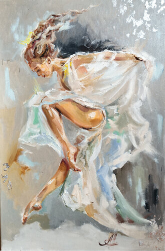 Le ballet. Graceful ballet dancer girl oil painting. Dancing lady artwork. Ballerina in white dress. van Annet Loginova, Schilderij te koop op Singulart