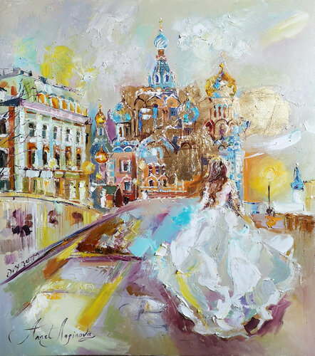 Petersburg A. Graceful woman portrait in a white dress. Urban landscape. City views. Cityscape oil painting with gilding and texture. van Annet Loginova, Schilderij te koop op Singulart