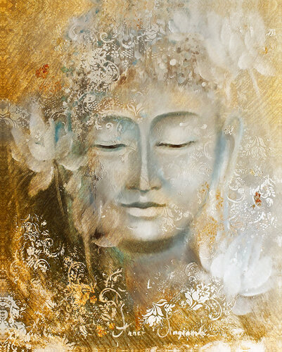 Golden Buddha. Abstract Bali style oriental painting. Sparkling gold leaf mixed medium artwork with white lotuses. van Annet Loginova, Schilderij te koop op Singulart