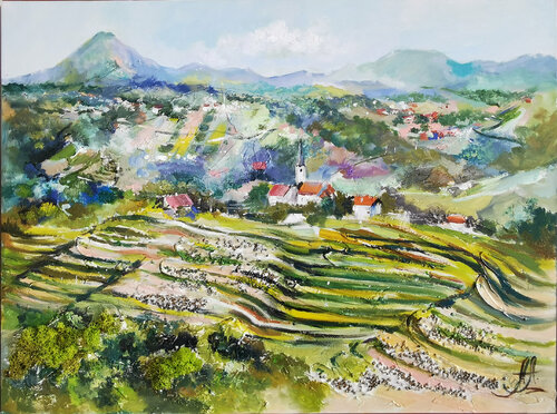 Green hills. Wine hills of Slovenia. South Europe Vineyards. Green mountains. Slovenian scenery. Rural landscape mixed medium framed painting on canvas. van Annet Loginova, Schilderij te koop op Singulart