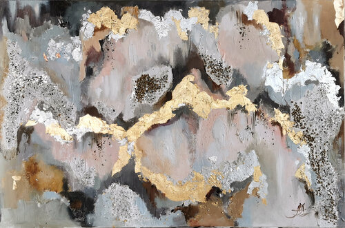 Textures and Gold. Shining gold leaf mixed medium painting with texture and beads. Metallic gilding wall art modern golden hues abstraction. van Annet Loginova, Schilderij te koop op Singulart