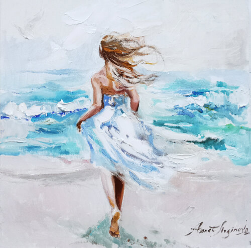 On the path to a dream. Girl running to the sea. Ocean seascape oil painting. Sea painting on canvas. Girl oil portrait. di Annet Loginova, Pittura in vendita su Singulart