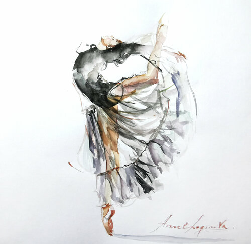 Le ballet. Ballet dancer watercolor drawing. Dancing lady artwork. Ballerina in black dress. Dancing girl female portrait picture. Annet Loginova