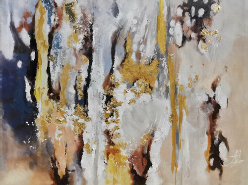 Golden Sands. Golden Abstract Canvas art. Print on canvas. Gold leaf giclee print. Gold abstraction print. van Annet Loginova, Schilderij te koop op Singulart
