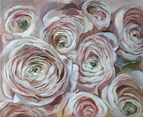 Anemones. Pink and white flowers oil painting on canvas. Floral art, gentle flowers wall art. Annet Loginova