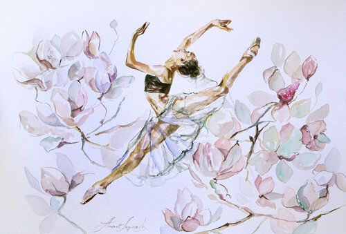 Ballerina and magnolia. Ballet dancer watercolor drawing. Dancing lady in flowers wall art. Female body girl portrait. Dance art. Magnolia picture by Annet Loginova, 紙面作品 for Sale on Singulart