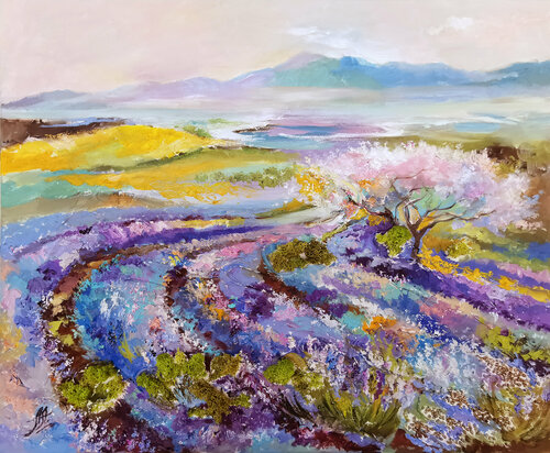 Tree of Life. Wine hills of Slovenia. South Europe Vineyards. Green mountains. Slovenian scenery. Rural landscape mixed medium framed painting on canvas. van Annet Loginova, Schilderij te koop op Singulart