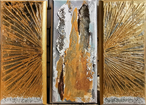 Textures and Gold. Shining gold leaf mixed medium painting with texture and beads. Metallic gilding wall art modern golden hues abstraction. Annet Loginova