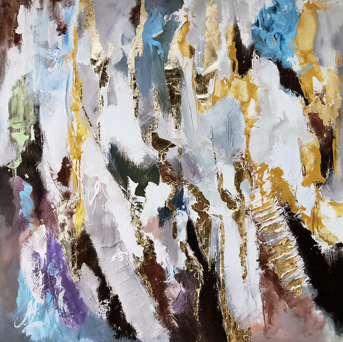 Golden Indigo. Abstract gold & blue painting. Sparkling gold leaf artwork with textured surface. van Annet Loginova, Schilderij te koop op Singulart