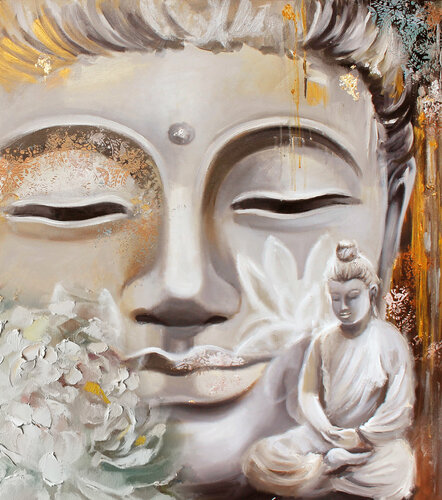 White Buddha. Print on canvas. Gold leaf giclee print. Gold abstraction print. von Annet Loginova, Druck kaufen auf Singulart