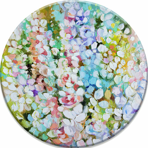 Delphinium. Сolorful textured oil painting with spring flowers. Floral picture on round canvas. Floral art, gentle flowers wall art. van Annet Loginova, Schilderij te koop op Singulart