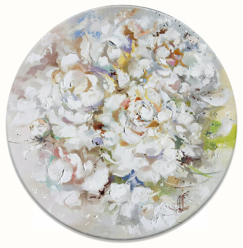 Petali di marshmallow. Original oil painting with white peonies on canvas. Floral picture on round canvas. Gentle flowers wall art. Annet Loginova