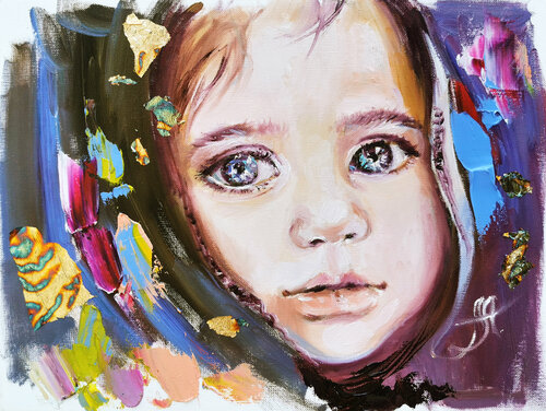 Girl with big eyes. Print on canvas. Gold leaf giclee print. Girl in a headscarf print. by Annet Loginova, Print for Sale on Singulart